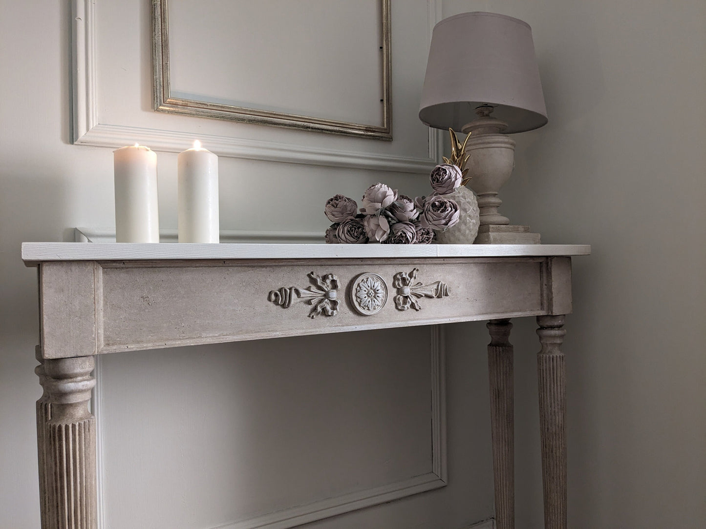 French style carved wooden console table distress finish, White wooden console, carved console, narrow table,