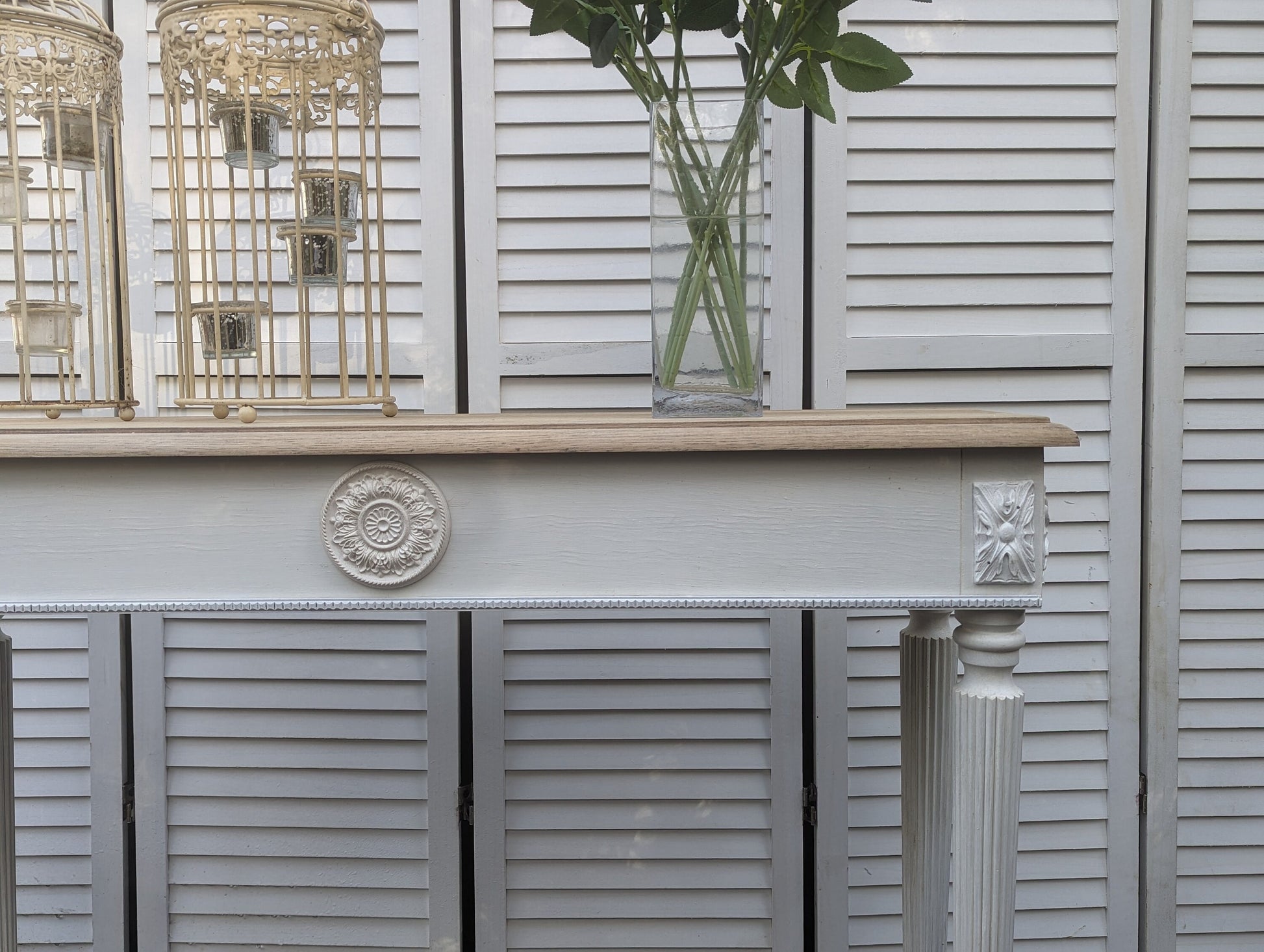 French style carved wooden console table distress finish, entry table, narrow table, dressing table. Vanity.