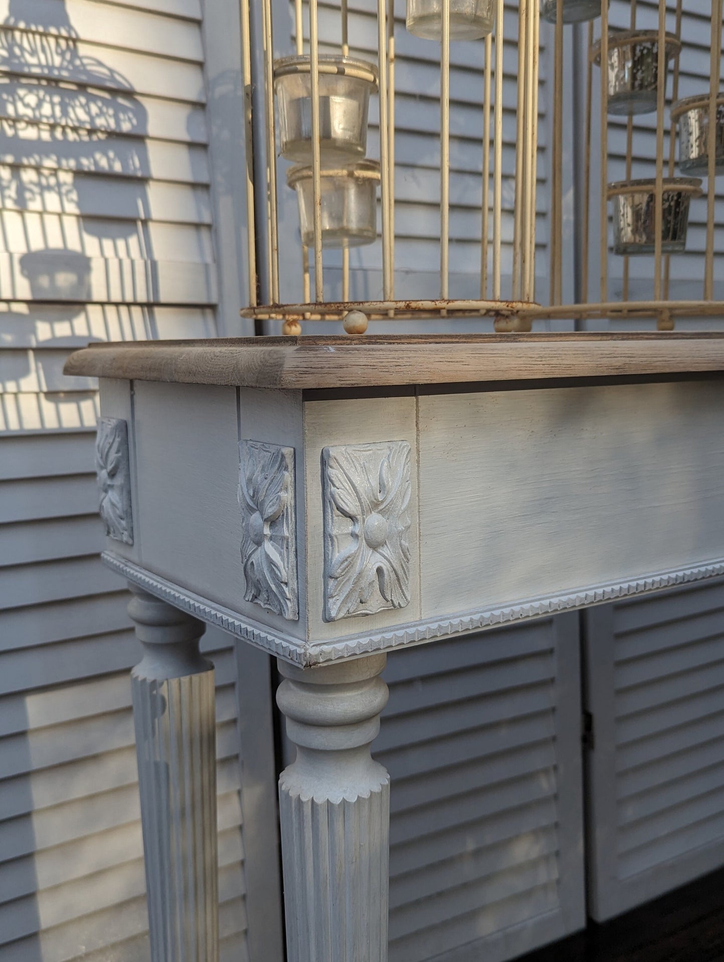 French style carved wooden console table distress finish, entry table, narrow table, dressing table. Vanity.