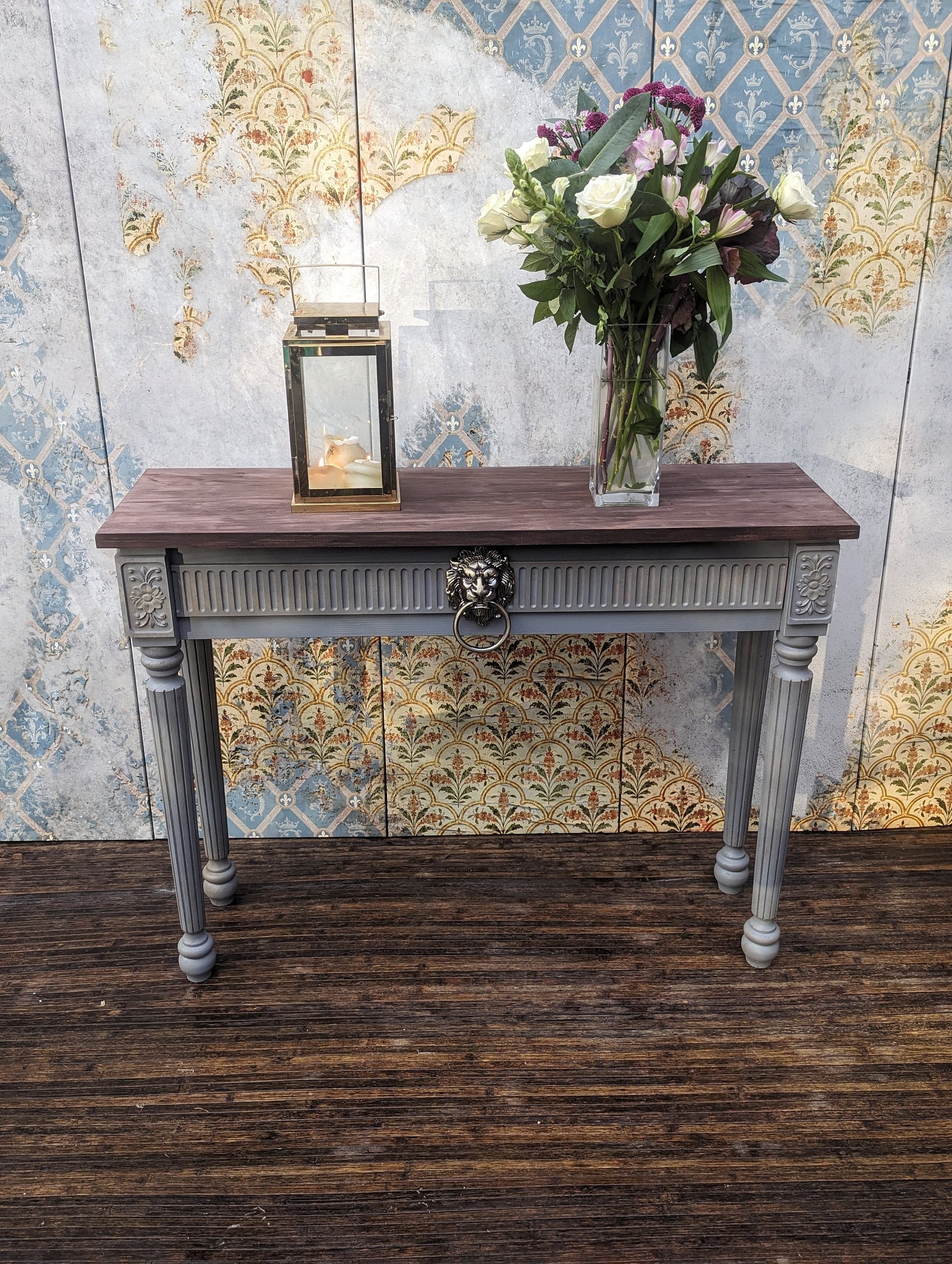 Lion Vintage French style carved wooden console table distress finish, grey wooden console, narrow table,