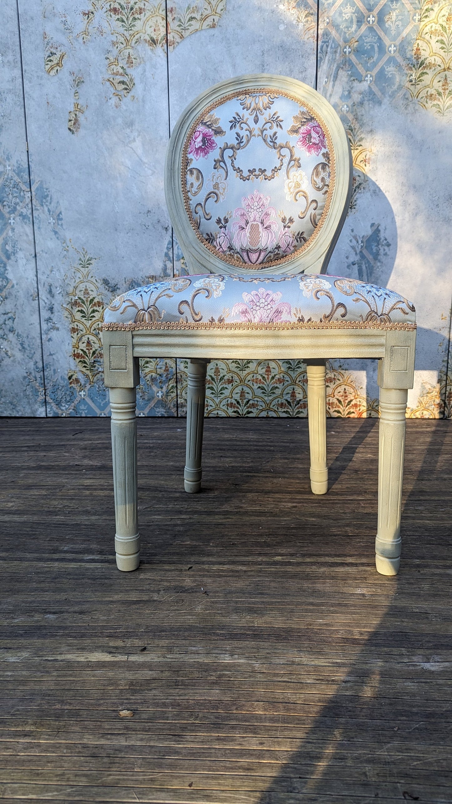 Antique green, Vintage Chair. French & Flower. Beauty Brocade Fabric Damask Jacquard Embossed. French Style Boudoir Chair.