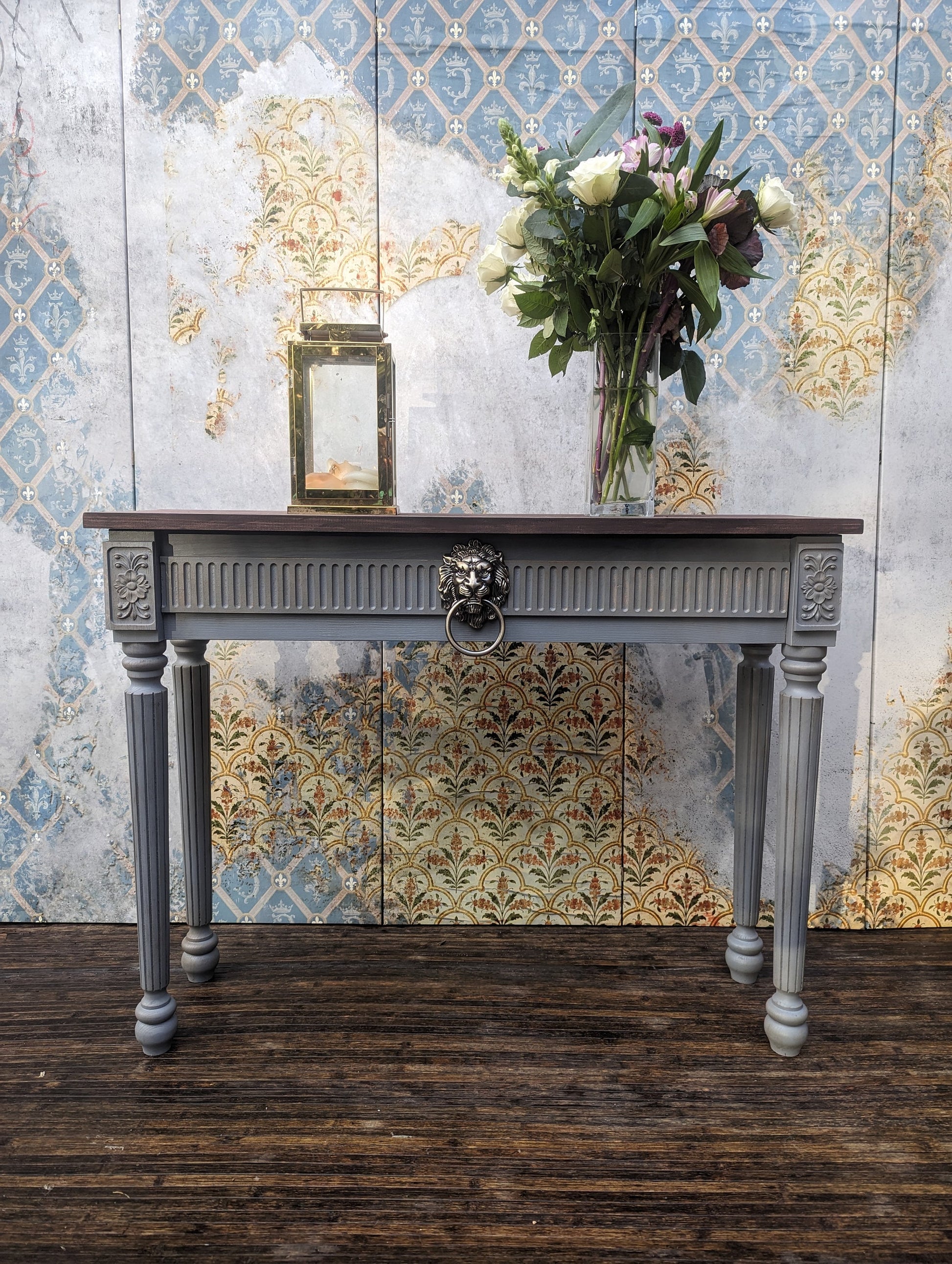 Lion Vintage French style carved wooden console table distress finish, grey wooden console, narrow table,