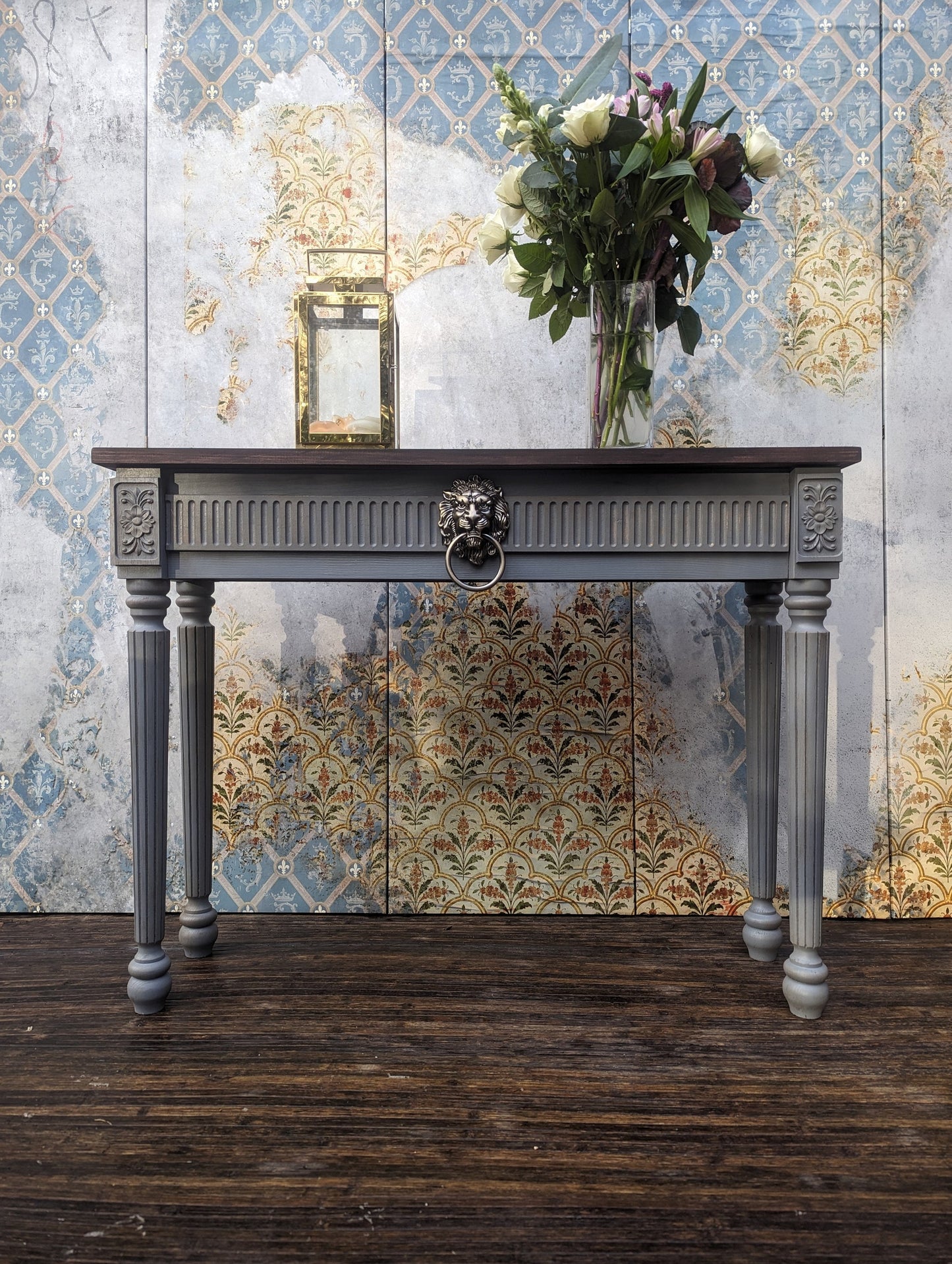 Lion Vintage French style carved wooden console table distress finish, grey wooden console, narrow table,