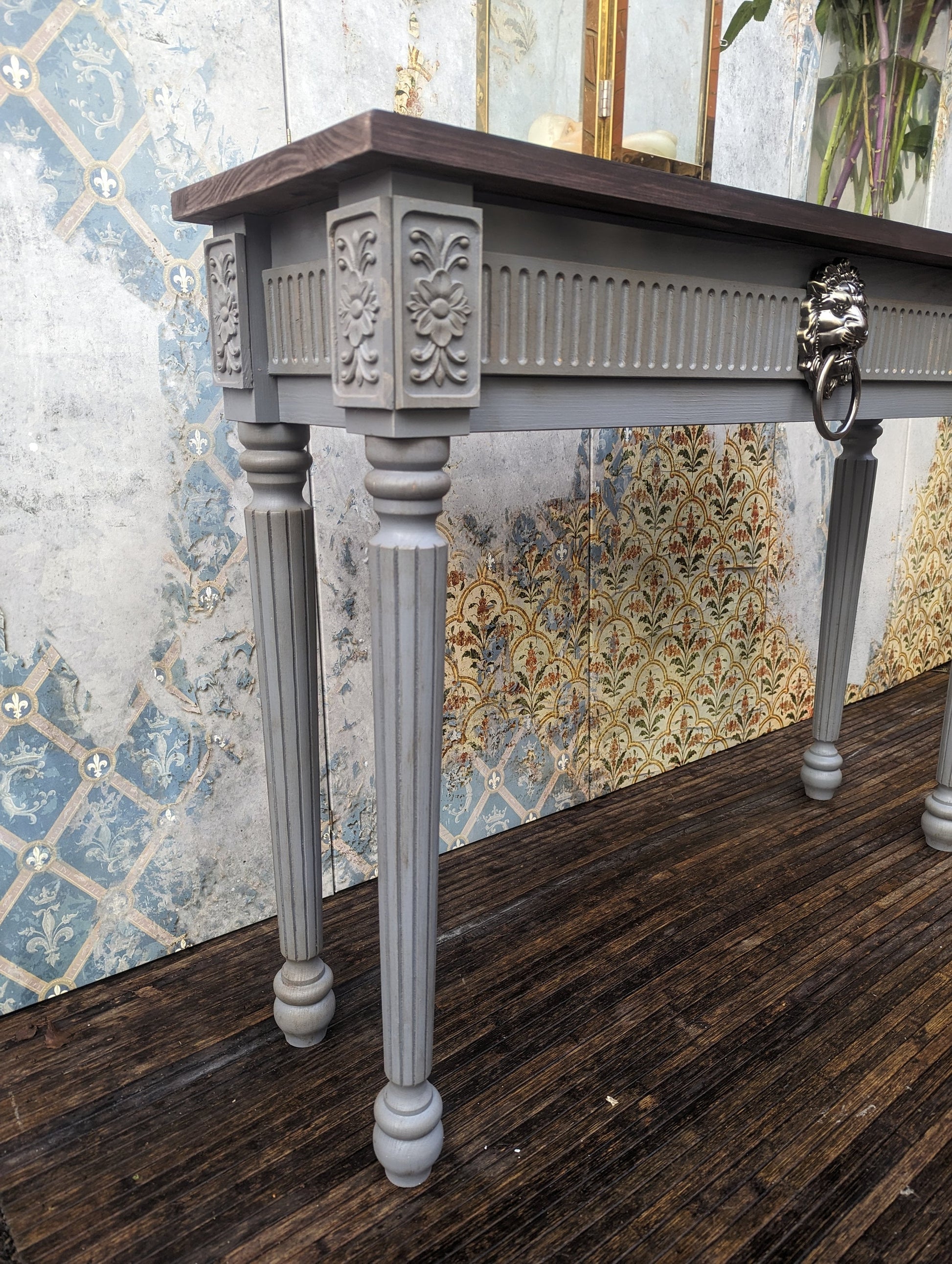 Lion Vintage French style carved wooden console table distress finish, grey wooden console, narrow table,