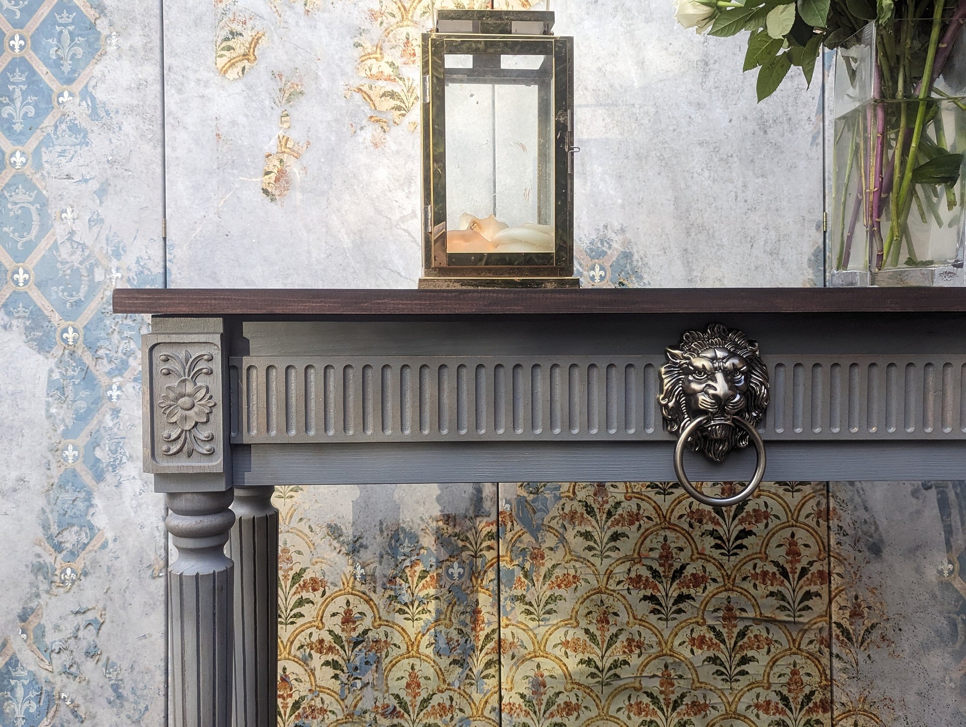 Lion Vintage French style carved wooden console table distress finish, grey wooden console, narrow table,