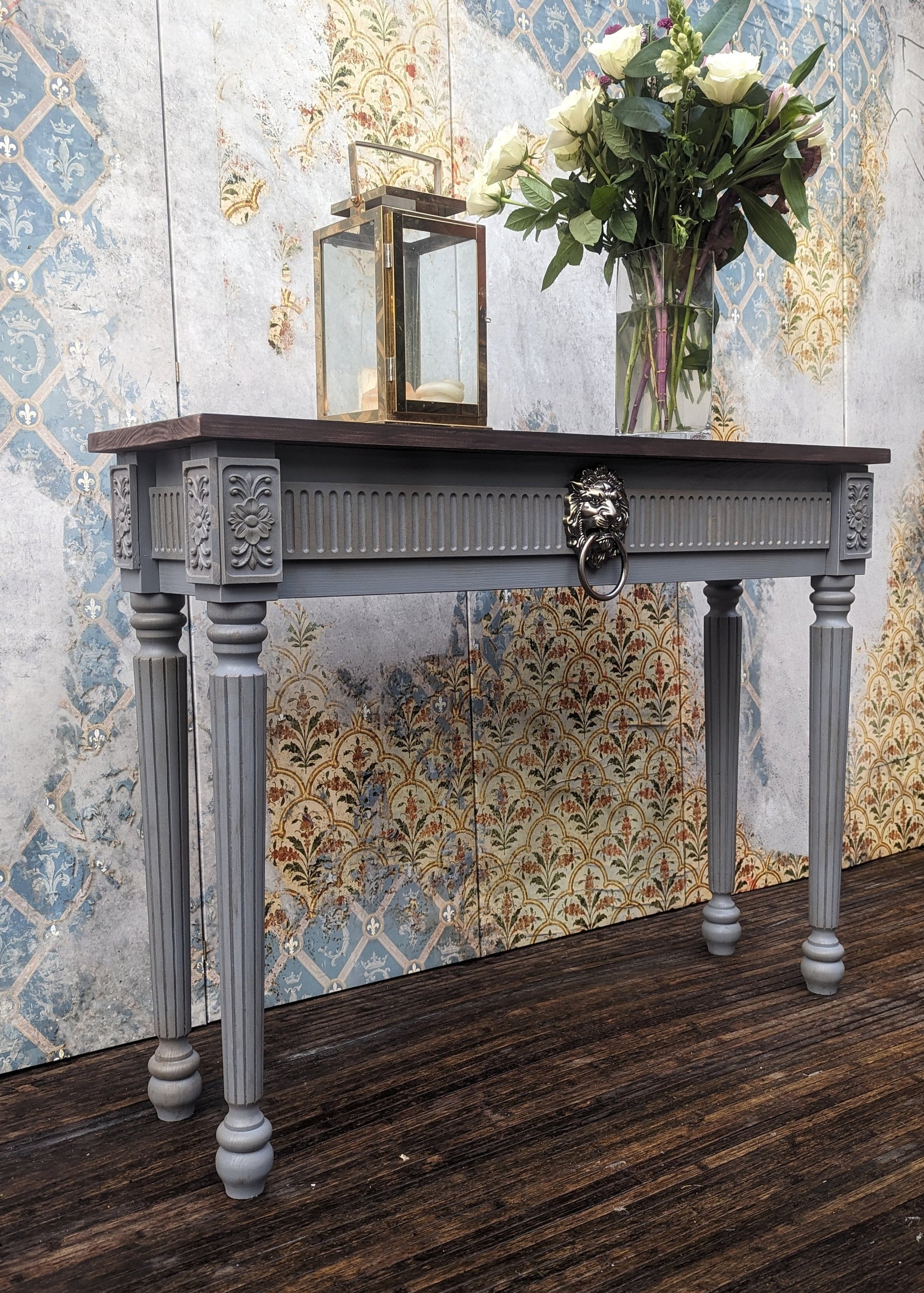 Lion Vintage French style carved wooden console table distress finish, grey wooden console, narrow table,